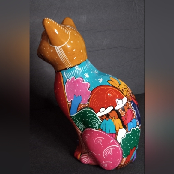 Cat Terracotta Clay Figurine 8” Tall  Bright Colors HAND PAINTED - Picture 2 of 5